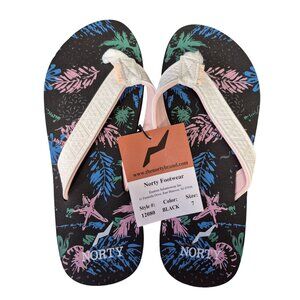 Norty Womens Size 7 Black Floral Flip Flops With White Straps